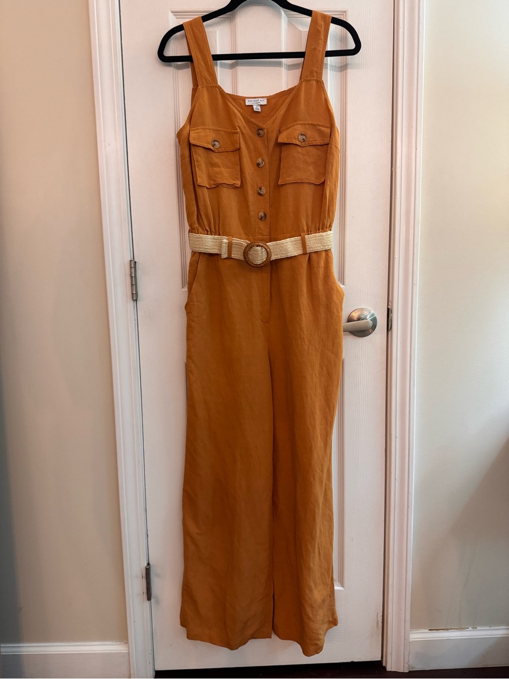 Anthropologie • Current Air Belted Linen Blend Wide Leg Button Front Jumpsuit S